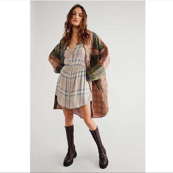 Free People Dresses & Skirts - Free People Cream Plaid Long Sleeve Mini Dress